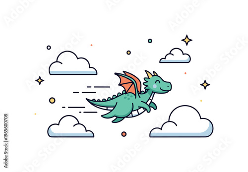 Dragon flying with clouds a tiny cute dragon gliding through soft fluffy clouds with gentle motion lines and a joyful expression. A dreamy and uplifting scene