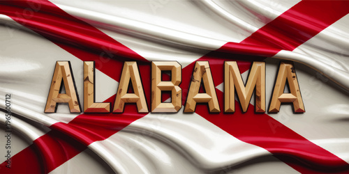Alabama state flag with wooden 3D text, waving red cross on fabric background, patriotic Southern USA banner illustration