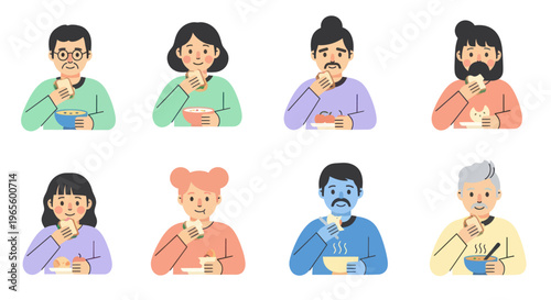 Flat Art Illustration of Diverse People Eating Meals Together