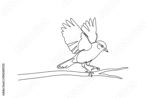 Gentle Landing. Minimalistic one-line drawing a bird landing softly on a tree branch with wings slightly open, continuous single black line on white