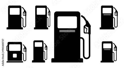 Black  White Icons of Gas Station Pumps, Automotive Industry Vector Art
