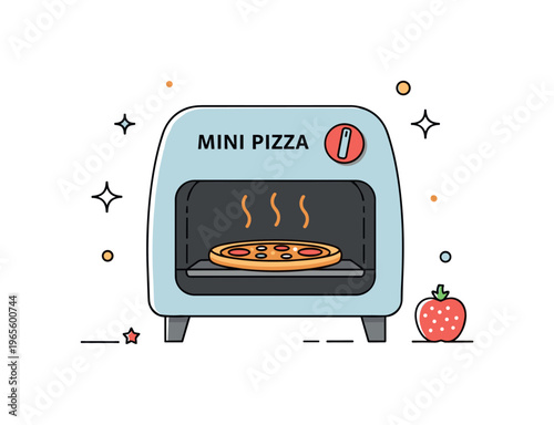 Mini pizza oven a compact oven with a fresh pizza baking inside and simple heat lines indicating warmth. The composition conveys traditional cooking and
