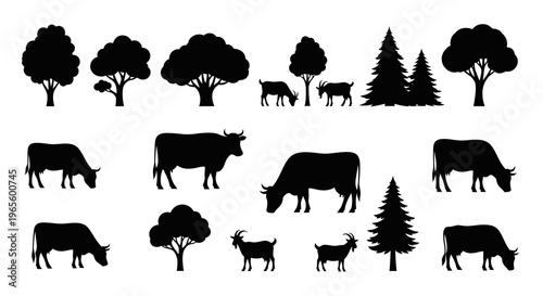Black Silhouette Farm Animals Cows Goats Trees on White Background