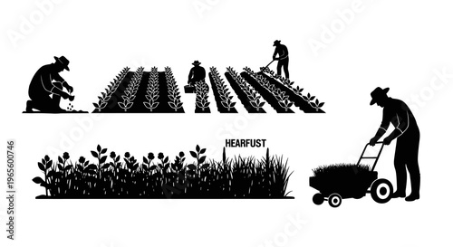 Farmer sowing seeds and working in field, farm work glyph icons