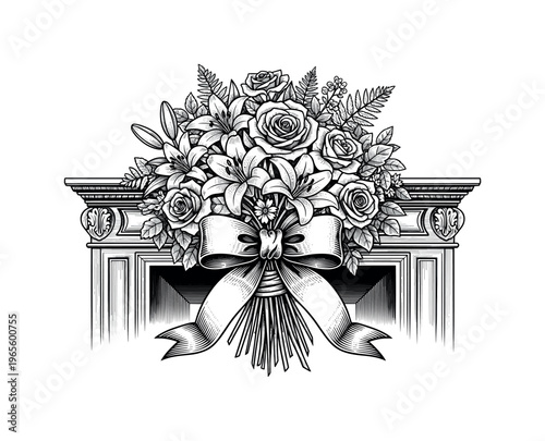 A bouquet of flowers tied with a ribbon placed against a fireplace frame, engraved-style detailing with halftone gradients, black and white illustration,