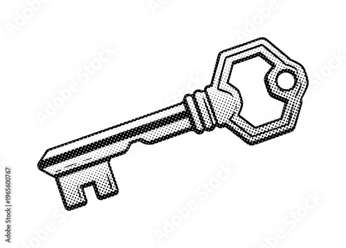 A ceremonial retro key with simplified geometric bow and subtle vintage engraving hints, shown alone with slight cropping, black and white halftone