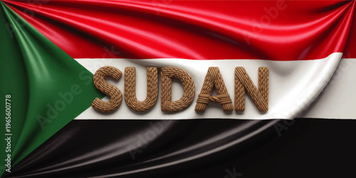 Sudan national flag with realistic silk fabric folds and 3D wooden text, patriotic African country banner for travel and culture design
