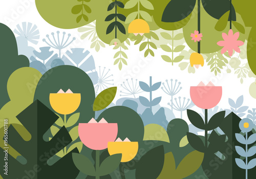 Vibrant Floral Garden with Stylized Blooms and Lush Greenery.