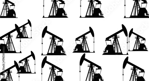 Black  White Silhouette of Oil Pumpjacks on White Background