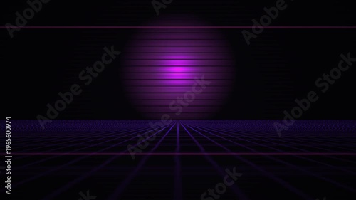 Retro Grid Landscape with Glowing Purple Orb and Neon Horizon