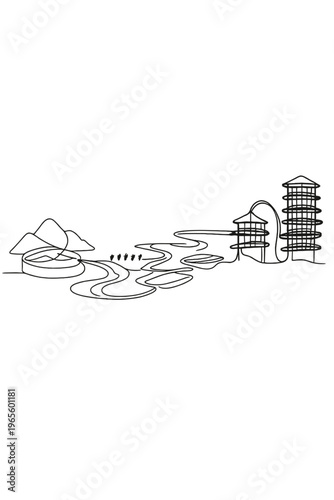 Minimalist Water Systems. Integrated water systems. Minimalistic one-line drawing channels and reservoirs