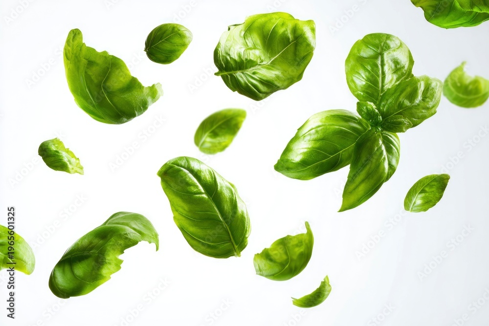 Obraz premium Fresh green basil leaves floating in air.