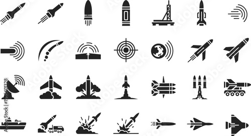 Missile and rocket icons, aircraft, radar, and target symbols, white background, air force