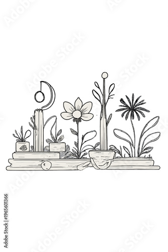 Futuristic Garden Design. Futuristic garden. Minimalistic one-line drawing neon and metallic plants integrated
