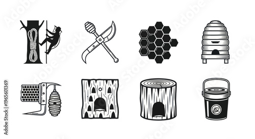 Black and White Icons of Beekeeping and Honey Production Tools