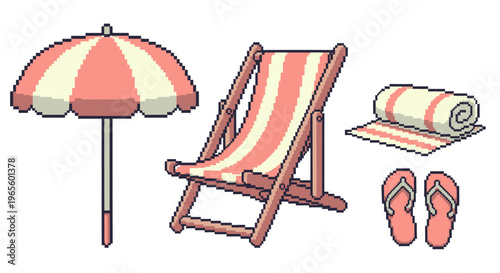 Pixel Art Beach Scene: Umbrella, Deckchair, Towel and Flip Flops