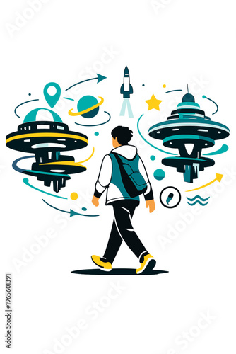 Futuristic Space Cityscape. Futuristic Space City. Person walking among floating glowing orbital buildings