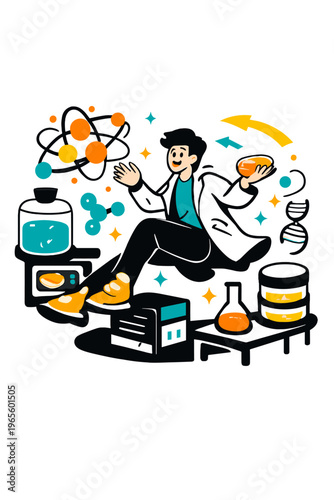 Futuristic Protein Lab. Cultured Protein Lab. Person floating among glowing futuristic lab equipment with