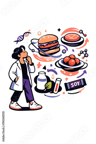 Futuristic Food Exploration. Food Innovation Hub. Person observing floating glowing futuristic food prototypes