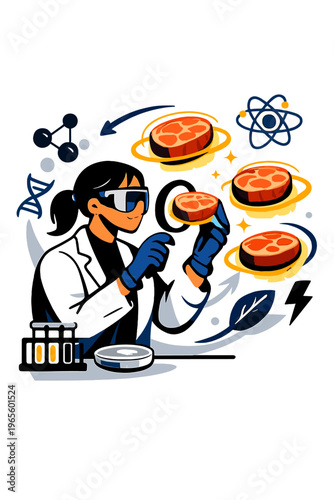 Futuristic Cultured Meat Lab. Lab-Grown Meat Lab. Person analyzing floating glowing cultured meat samples with