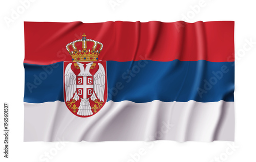 Realistic Serbia country flag isolated on a transparent background. Silk atlas detailed fabric flag. Vector PNG