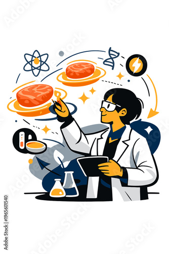 Futuristic Meat Innovation. Lab-Grown Meat Lab. Person analyzing floating glowing cultured meat samples with