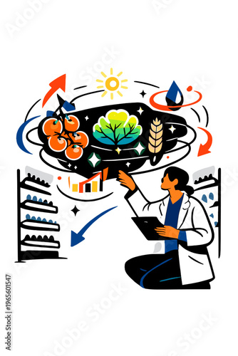 Futuristic Urban Farming. Next-Gen Food Production. Person analyzing floating glowing futuristic crops with