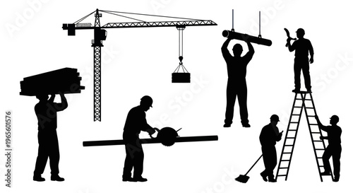 Construction workers and crane silhouettes, black and white, building industry