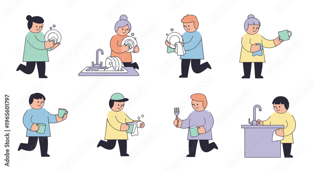 Fototapeta premium Flat vector illustration of diverse people washing dishes, domestic chores
