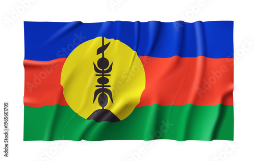 Realistic New Caledonia country flag isolated on a transparent background. Silk atlas detailed fabric flag. Vector PNG