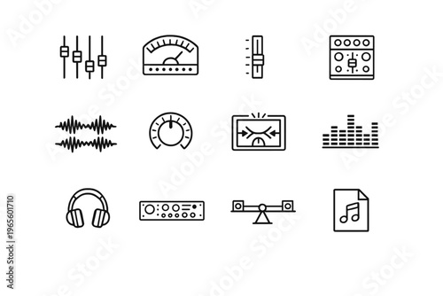 Sound Mixing and Mastering. Line outline icon set of Sound Mixing and Mastering: equalizer