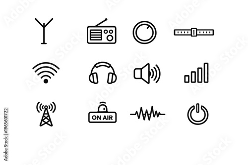 FM Radio. Line outline icon set of FM Radio: FM antenna, portable radio, tuning knob,