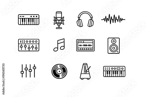 Music Production Icon Set. Music Production. Line outline icon set of Music Production: MIDI keyboard, studio