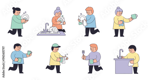 Flat vector illustration of diverse people washing dishes, domestic chores