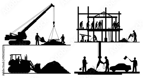 Construction Site Silhouettes: Cranes, Bulldozers, Building, Workers, Equipment