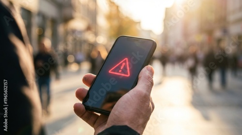 Close-up of hand holding smartphone displaying red warning triangle alert icon on a blurred city street background