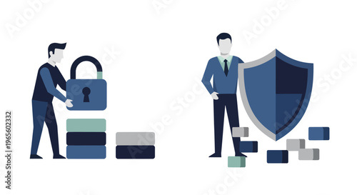 Flat Design Men with Lock and Shield Icons for Security and Protection