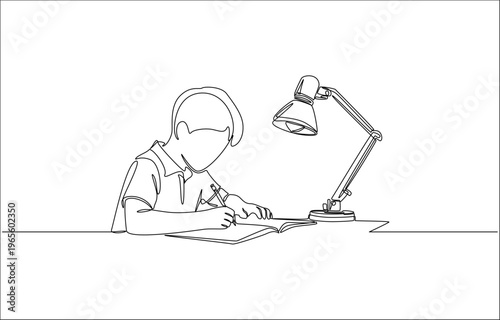 Continuous one line of young student writing in exercise book under desk lamp in early morning, education concept, single line art
