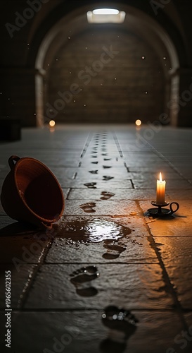 Maundy Thursday, sacred remembrance of Jesus Christ's feet washing, profound humility, spiritual devotion, candlelight on wet footprints, ancient ritual in solemn chamber