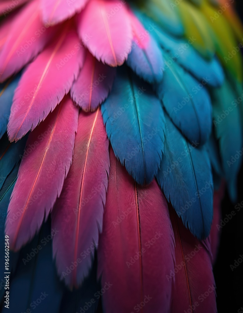 Obraz premium Close up of parrot feathers with pink blue green colors. Soft natural texture shows intricate pattern detail. Vibrant plumage offers great visual appeal and unique design.