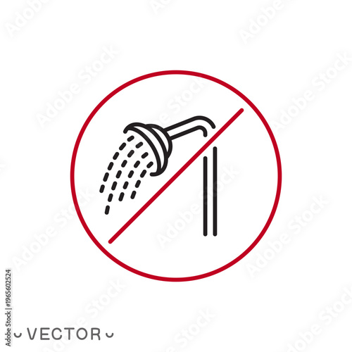 bathroom prohibition icon, forbidden shower, no shower, no hot water, thin line symbol isolated on white background, editable stroke eps 10 vector illustration