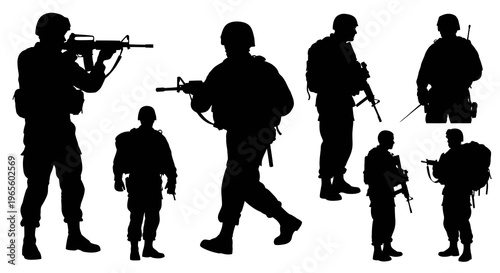 Silhouette Soldiers with Rifles, Military Action, Vector Black and White Art