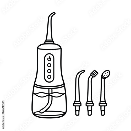 Outline of a water flosser and interchangeable nozzle attachments displayed simply