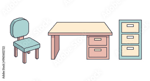 Simple Isometric Office Furniture - Desk, Chair, Filing Cabinet