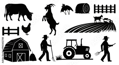 Black  White Farm Icons: Tractor, Cow, Goat, Chicken, Barn, Farmer, Haystack, Fence