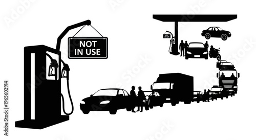 Black  White Illustration of Gas Station Queue, Cars, and Trucks