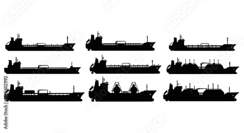 Black Silhouette Set of Cargo Ships and Tankers, Vector Collection