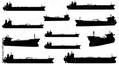 Black and White Silhouettes of Tanker Ships on White Background