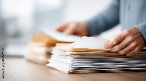 Hands of a person sorting through a stack of documents and papers on a wooden desk, with a blurred background featuring soft lighting and an office environment