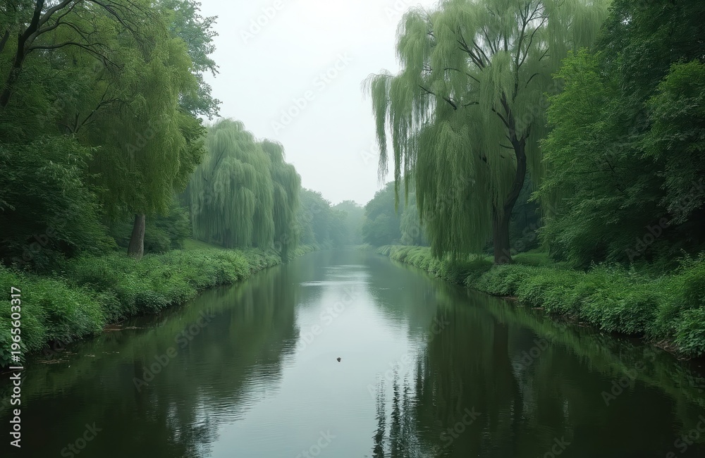 Fototapeta premium Misty morning river in park lined with weeping willow trees. Calm water reflects dense green foliage. Lush vegetation grows along the tranquil canal banks.